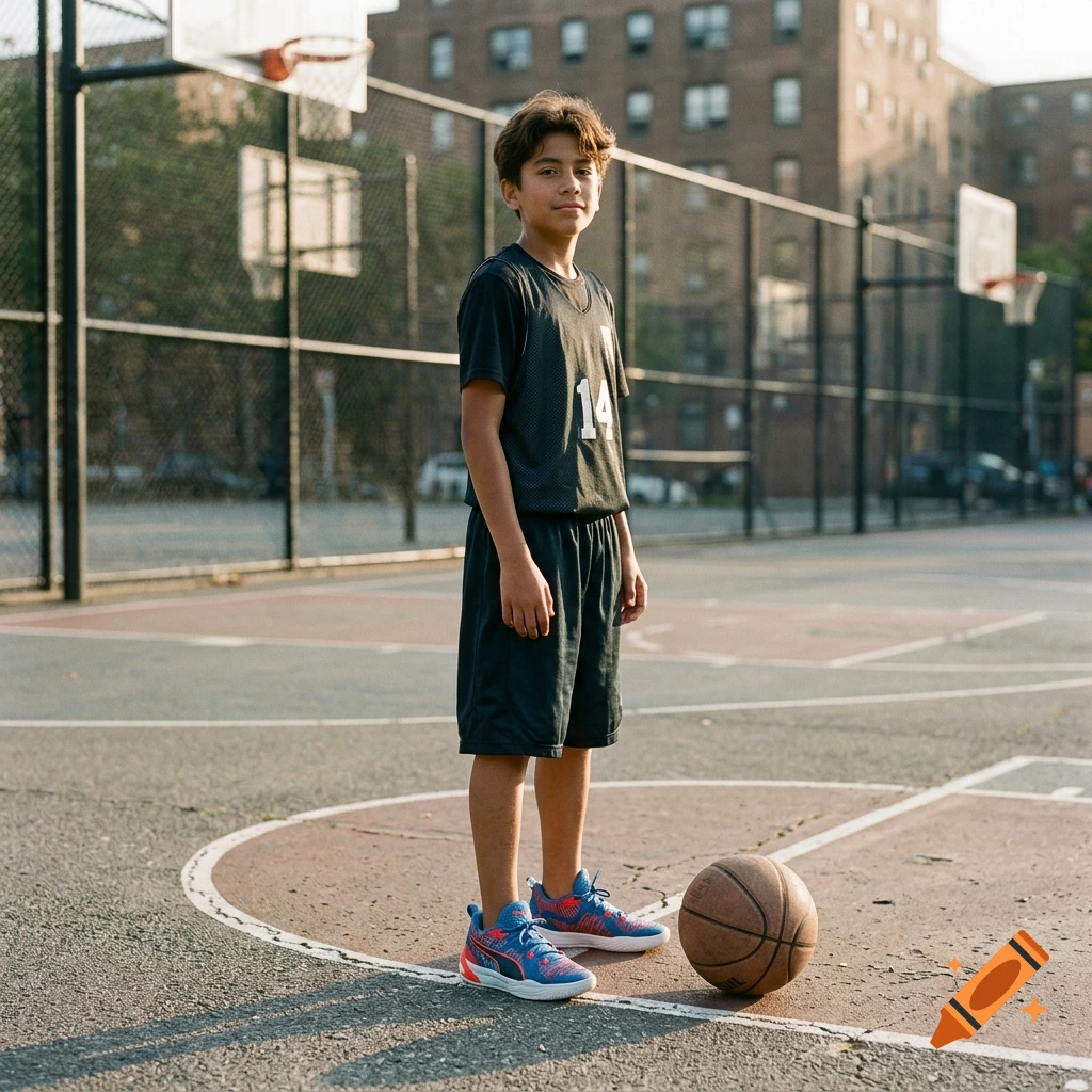 Photorealistic full-body shot of a young teenage boy standing on an outdoor basketball court next to a basketball, wearing a jersey and sneakers.