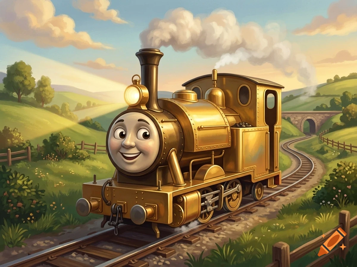 A golden anthropomorphic steam train engine with a smiling face travels along a track through a hilly countryside landscape.