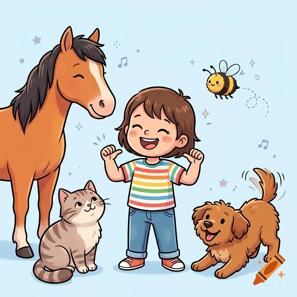 A happy child surrounded by a smiling horse, a cat, a dog, and a buzzing bee in a cartoon illustration style.