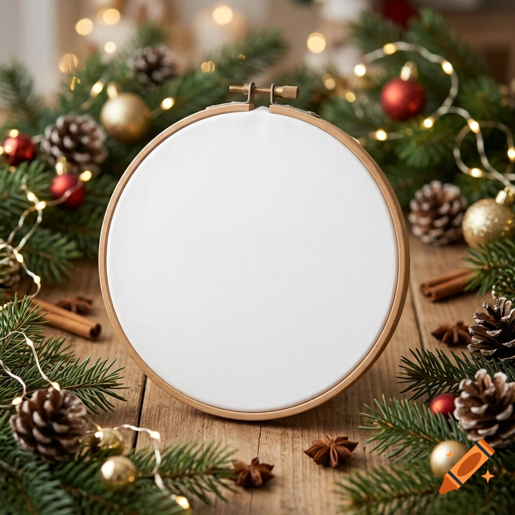 An empty wooden embroidery hoop with blank white fabric, surrounded by Christmas decorations including pine branches, pinecones, ornaments, and string lights on a wooden table.