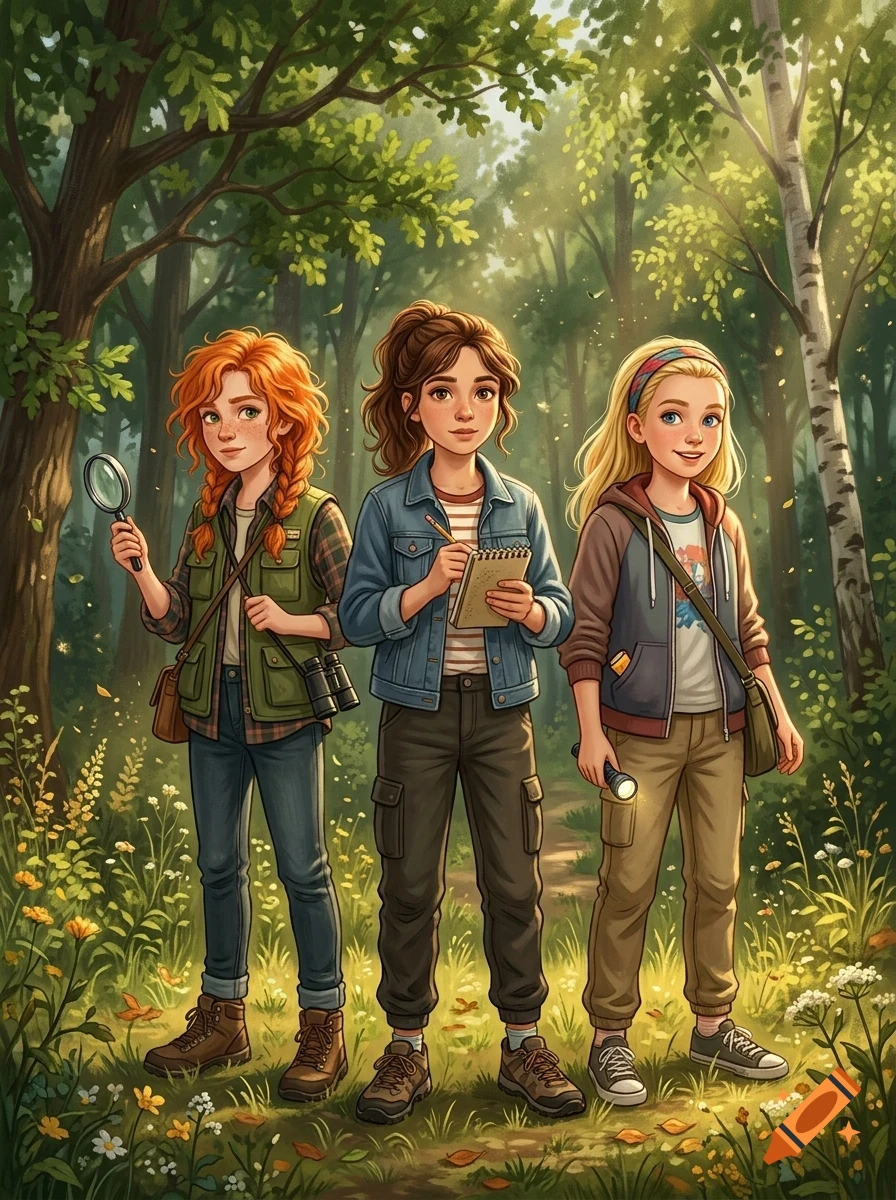 Three young female friends explore a forest, equipped with a magnifying glass, a notebook, binoculars, and a flashlight.