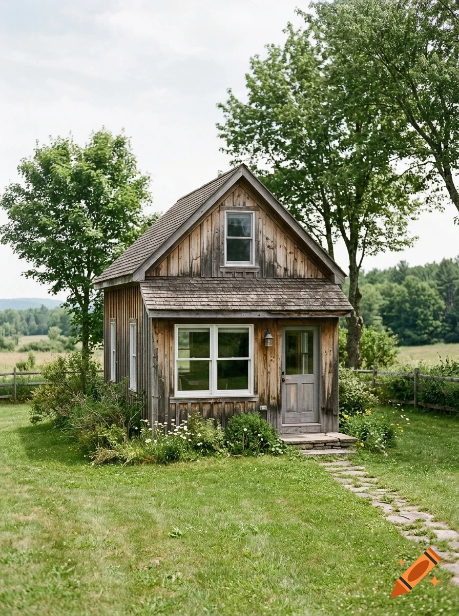 A small rustic wooden cabin sits on a green lawn surrounded by trees and a stone pathway leading to the door.