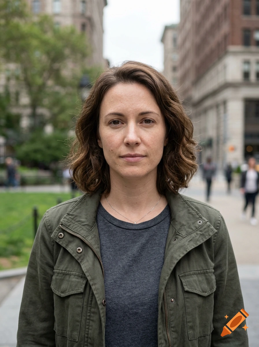 Photorealistic portrait of a person with shoulder-length brown hair wearing a green jacket against a city background.