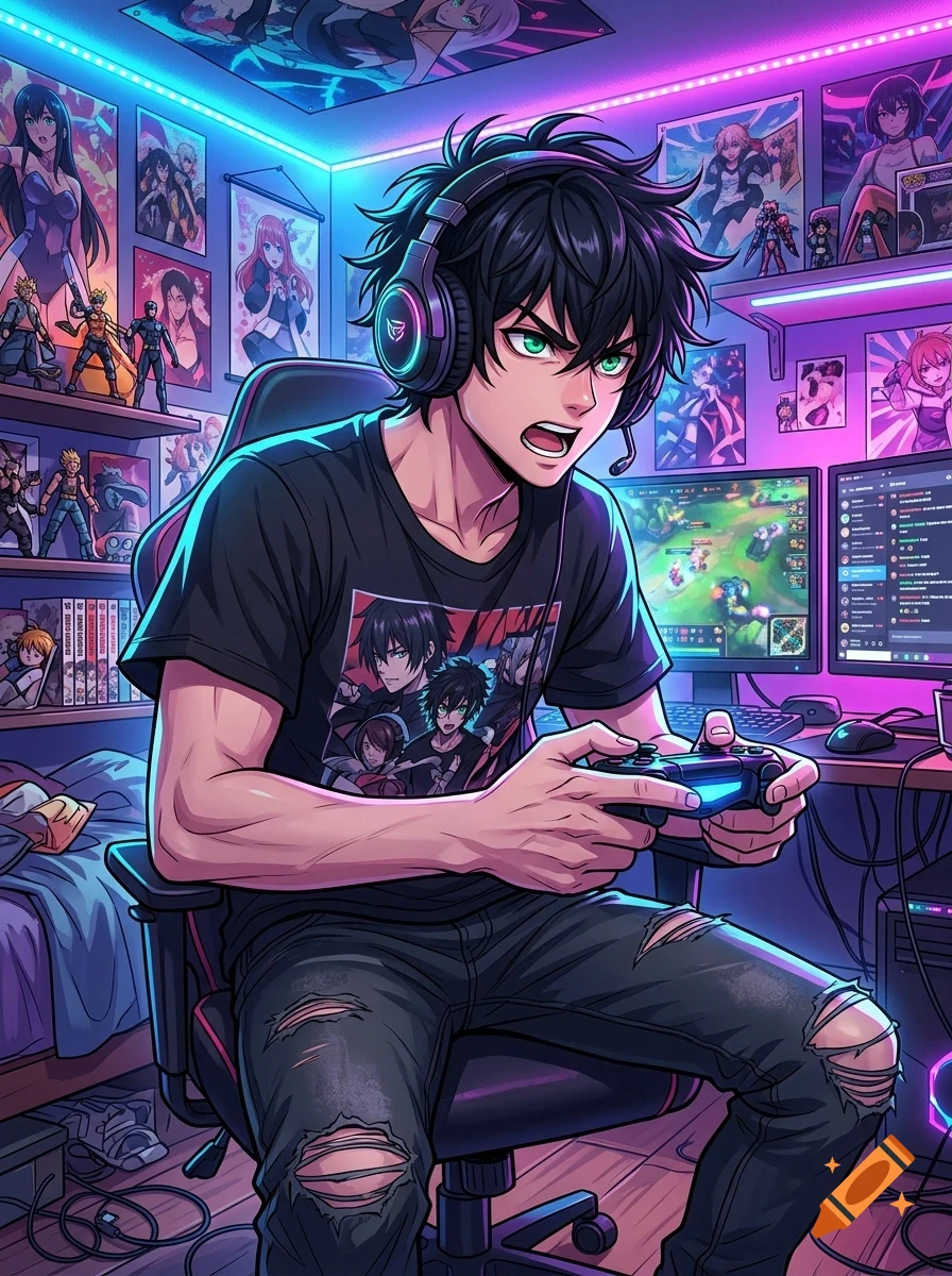 An anime-style illustration of a young man intensely playing a video game in his bedroom, surrounded by gaming posters and monitors.