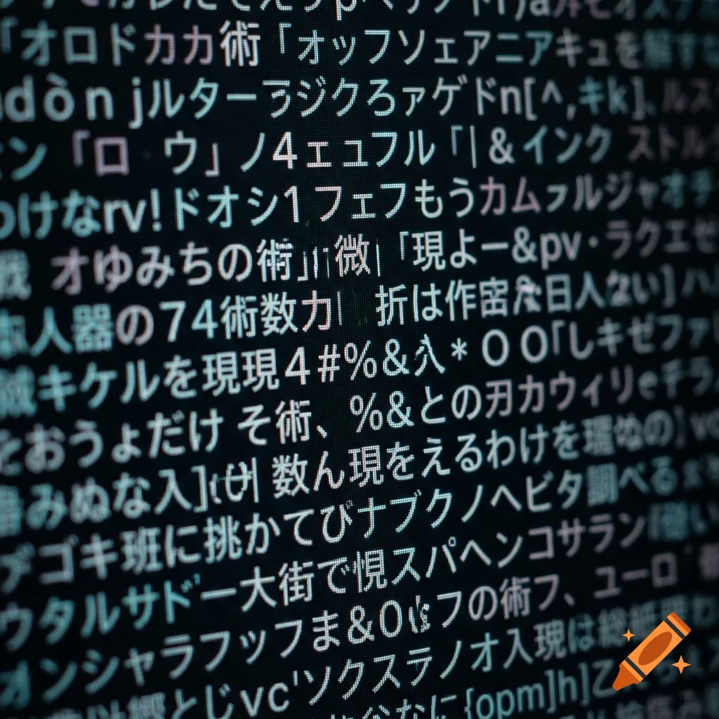 Close-up of pixelated Japanese text and symbols displayed on a dark screen.