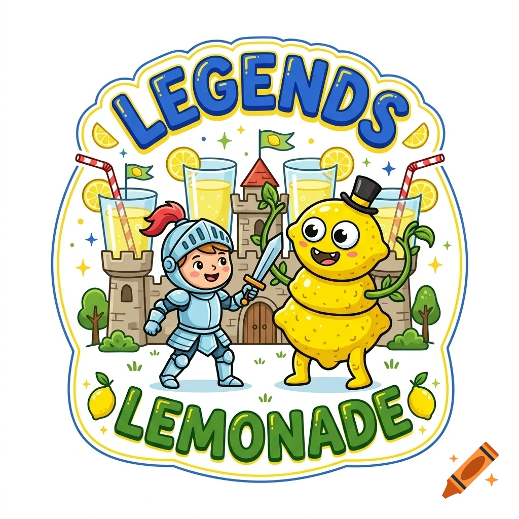 Cartoon illustration of a knight in armor battling a cute lemon character in front of a castle, surrounded by lemonade glasses and the text 'LEGENDS LEMONADE'.