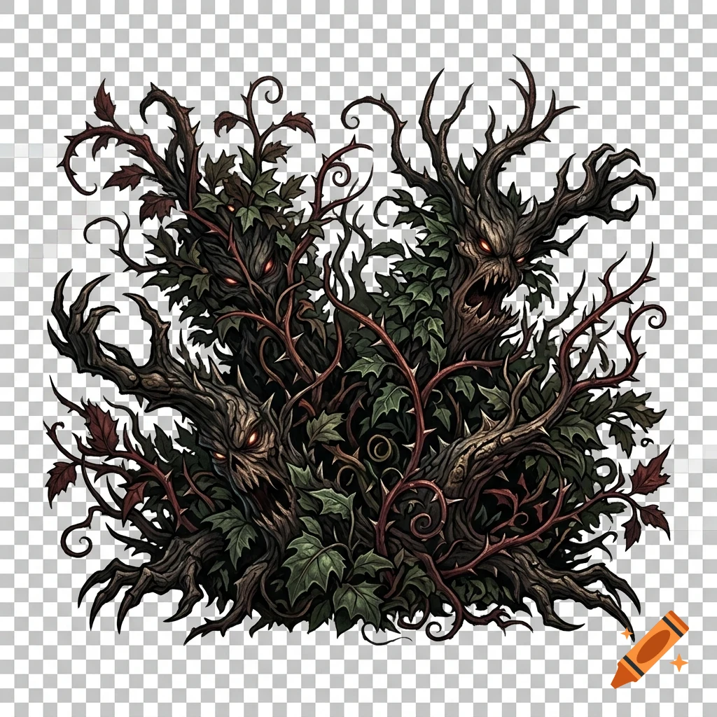 An illustration of menacing, living tree creatures and thorny vines with glowing eyes and sharp teeth.
