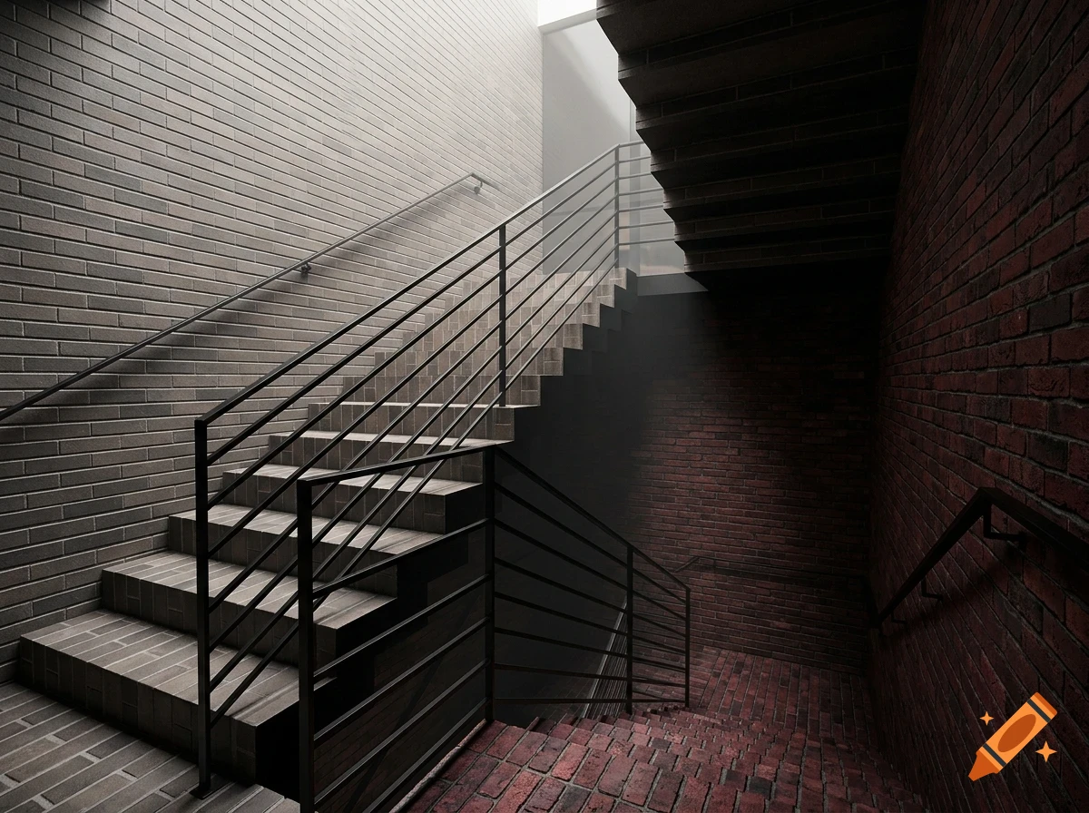 An interior shot of a modern multi-level staircase with brick walls and dark metal railings.