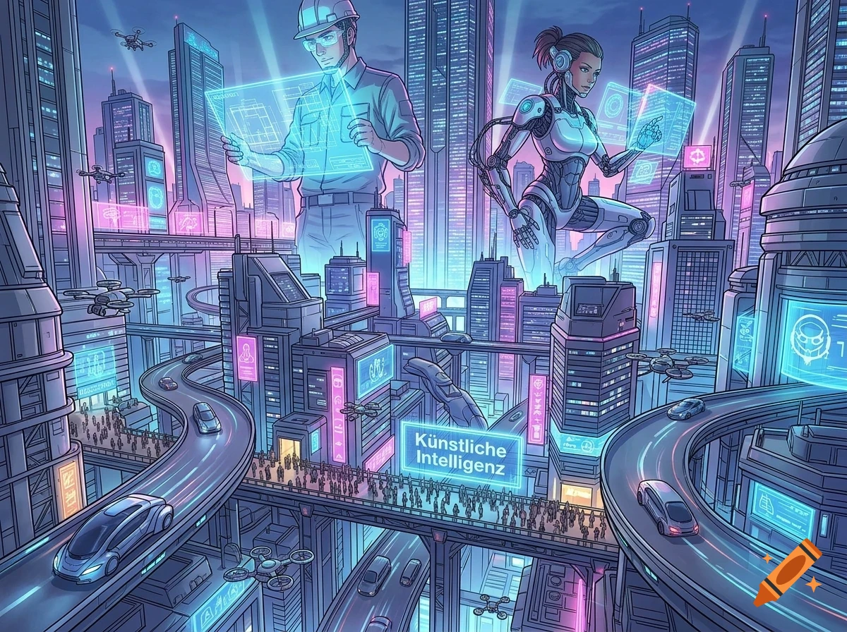 An illustrated futuristic city with glowing neon lights, flying drones, cars on elevated multi-level roads, and giant holographic figures of a human worker and a cyborg overlooking the metropolis.