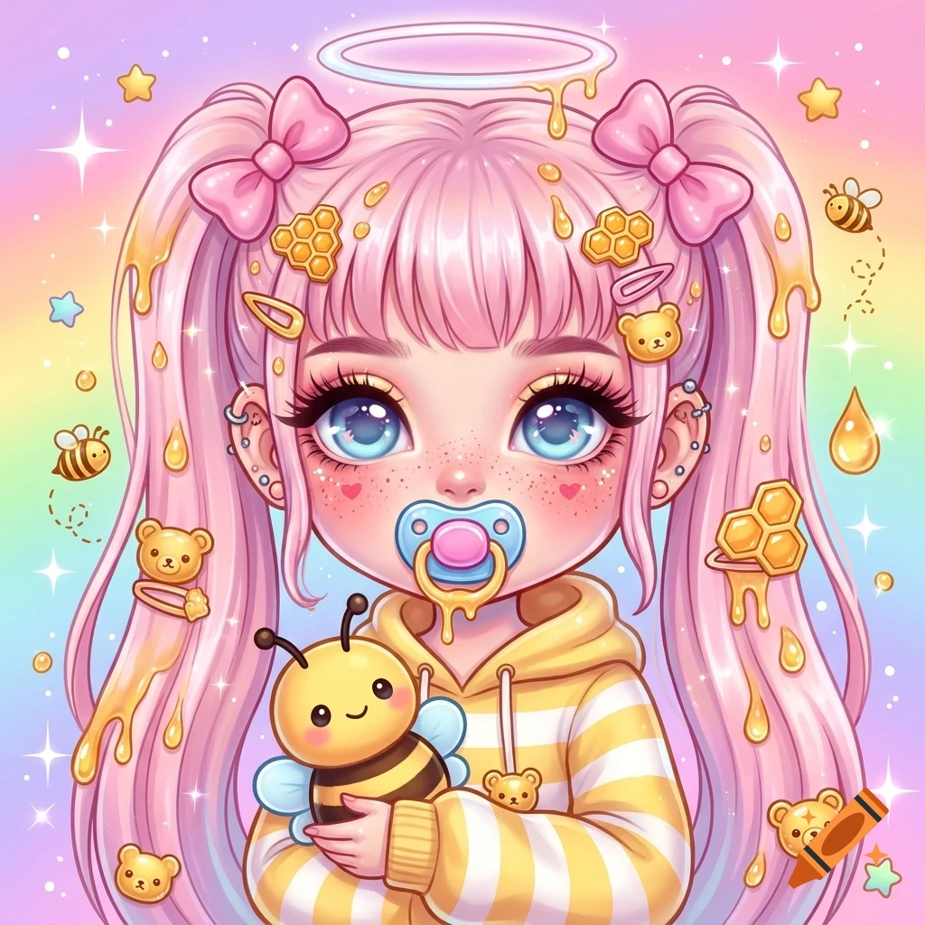 A cute cartoon girl with pink pigtails, blue eyes, and a pacifier, holding a toy bee, surrounded by honey and bees.