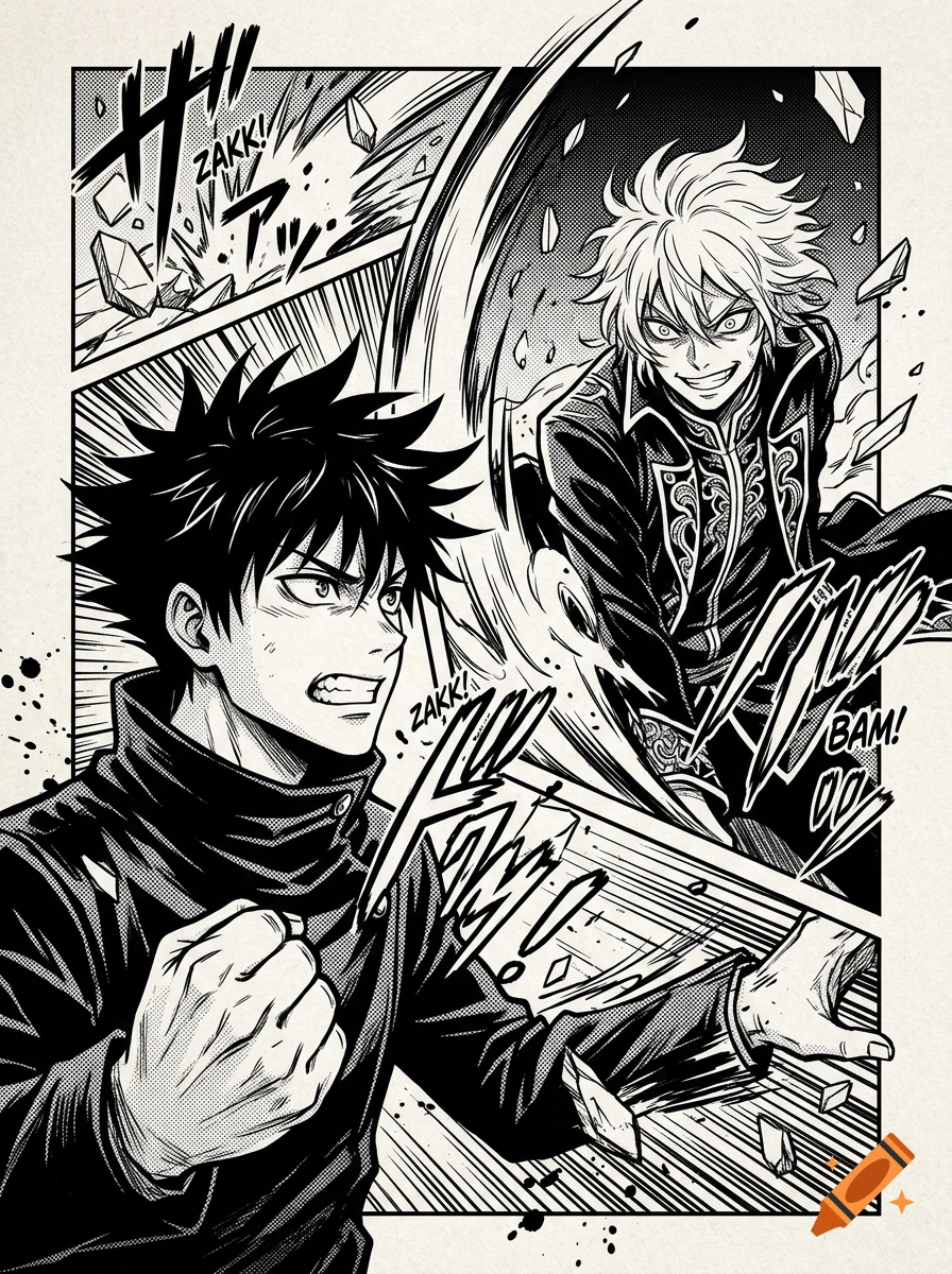 Black and white manga panel featuring two dynamic characters in combat with action lines and sound effect text.