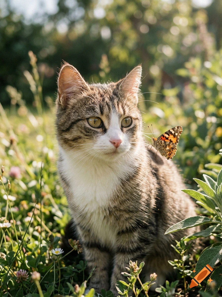 Photorealistic image of a tabby and white cat sitting in a grassy field with a butterfly on its fur.