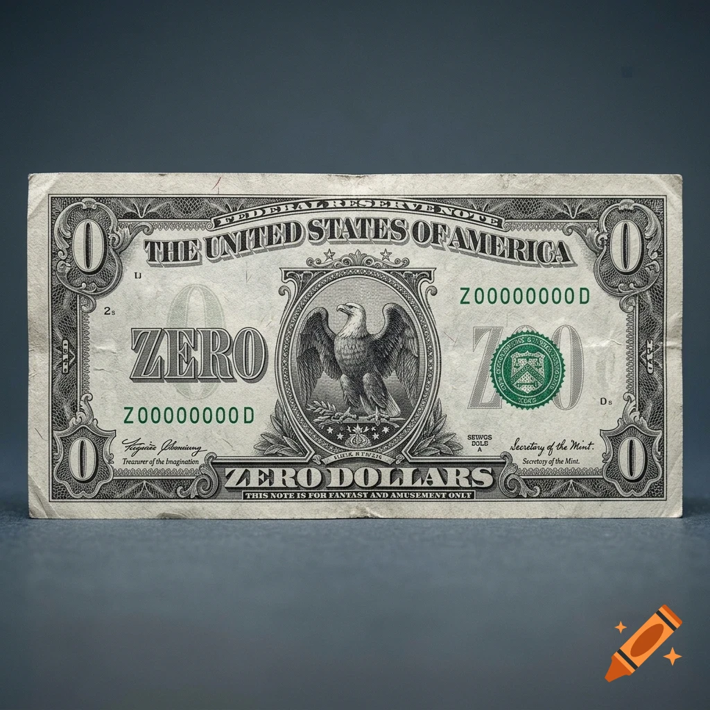 A novelty banknote of zero dollars featuring an eagle illustration and text stating zero dollars, on a dark surface.