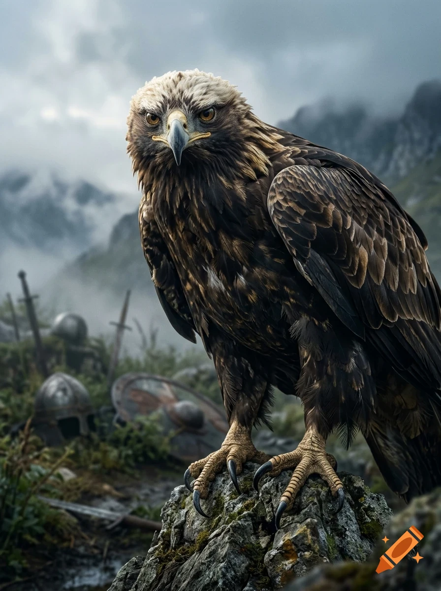 A majestic golden eagle perched on a mossy rock overlooking a misty mountainous battlefield with discarded helmets and weapons in the background.