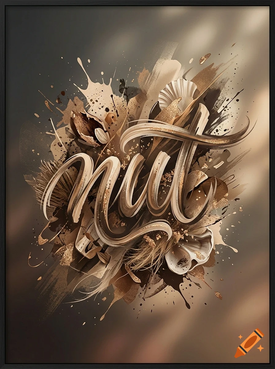 Decorative abstract artwork featuring the word 'nut' in flowing script, surrounded by paint splatters, shell-like elements, and organic textures in bronze and cream tones.