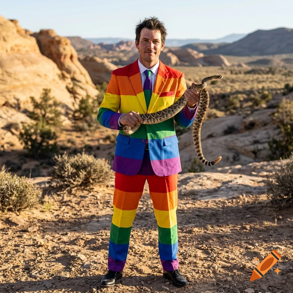A man wearing a rainbow-striped suit holds a snake outdoors in a rocky desert landscape.