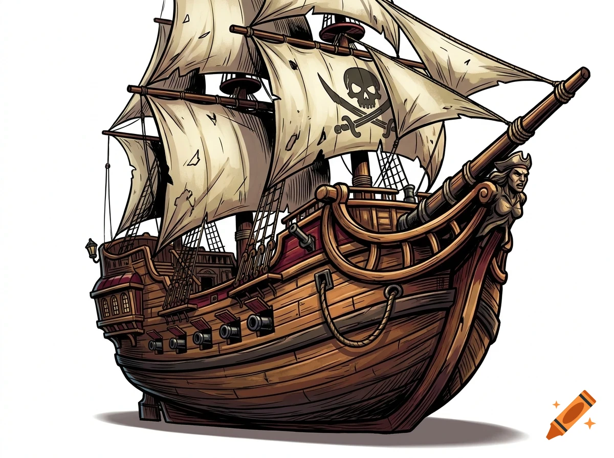 An illustrated wooden pirate ship with tattered sails, a skull and crossbones flag, and cannons along the side.