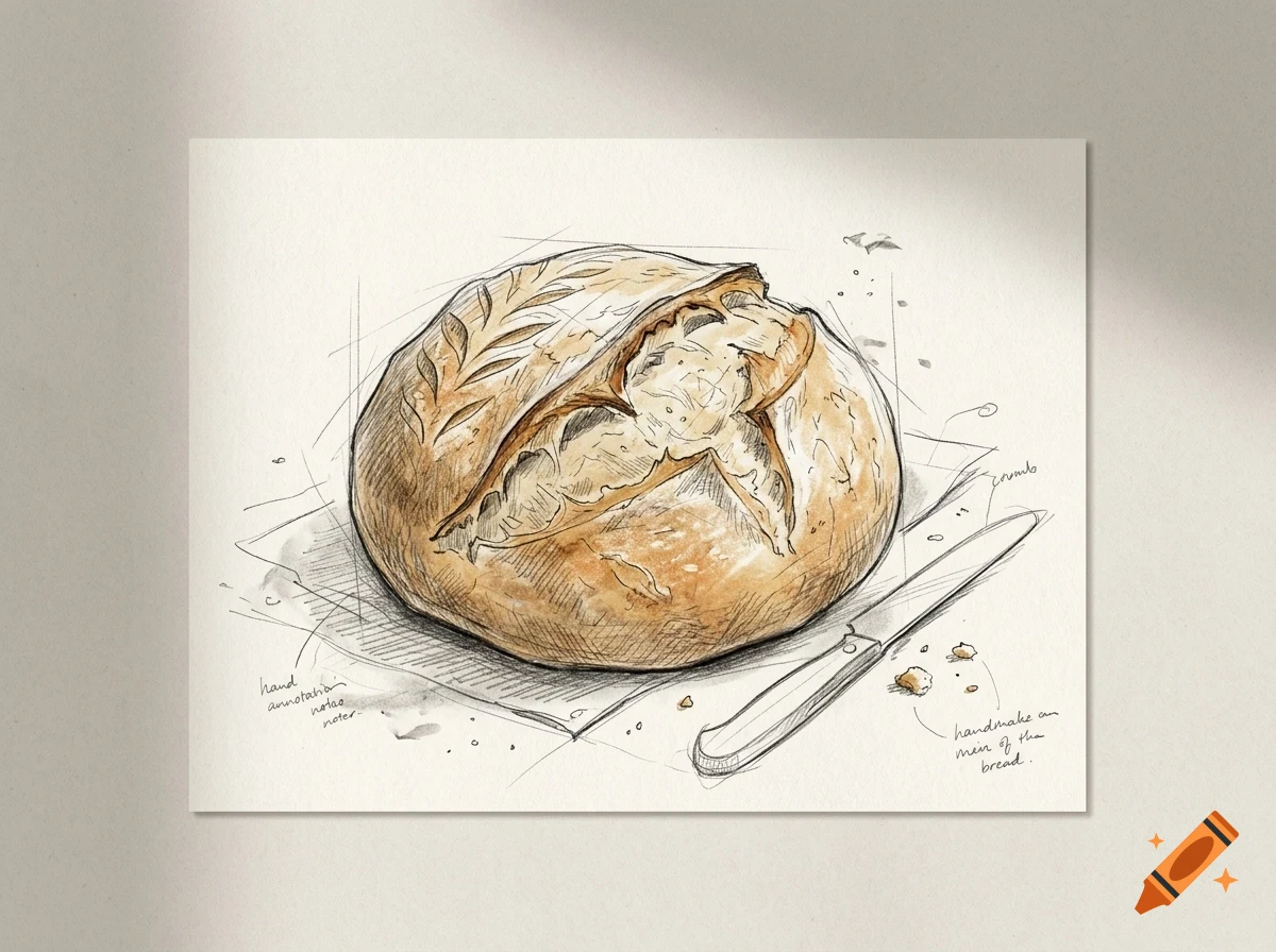 A detailed ink and pencil sketch of a loaf of artisanal bread with a knife and scattered crumbs on paper.