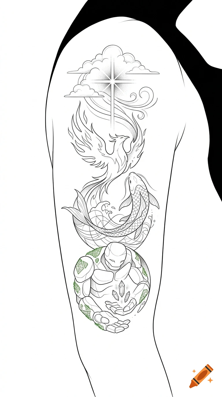 Detailed vertical fine line tattoo design on an upper arm featuring clouds, a phoenix, a koi fish, and an earth golem holding crystals.
