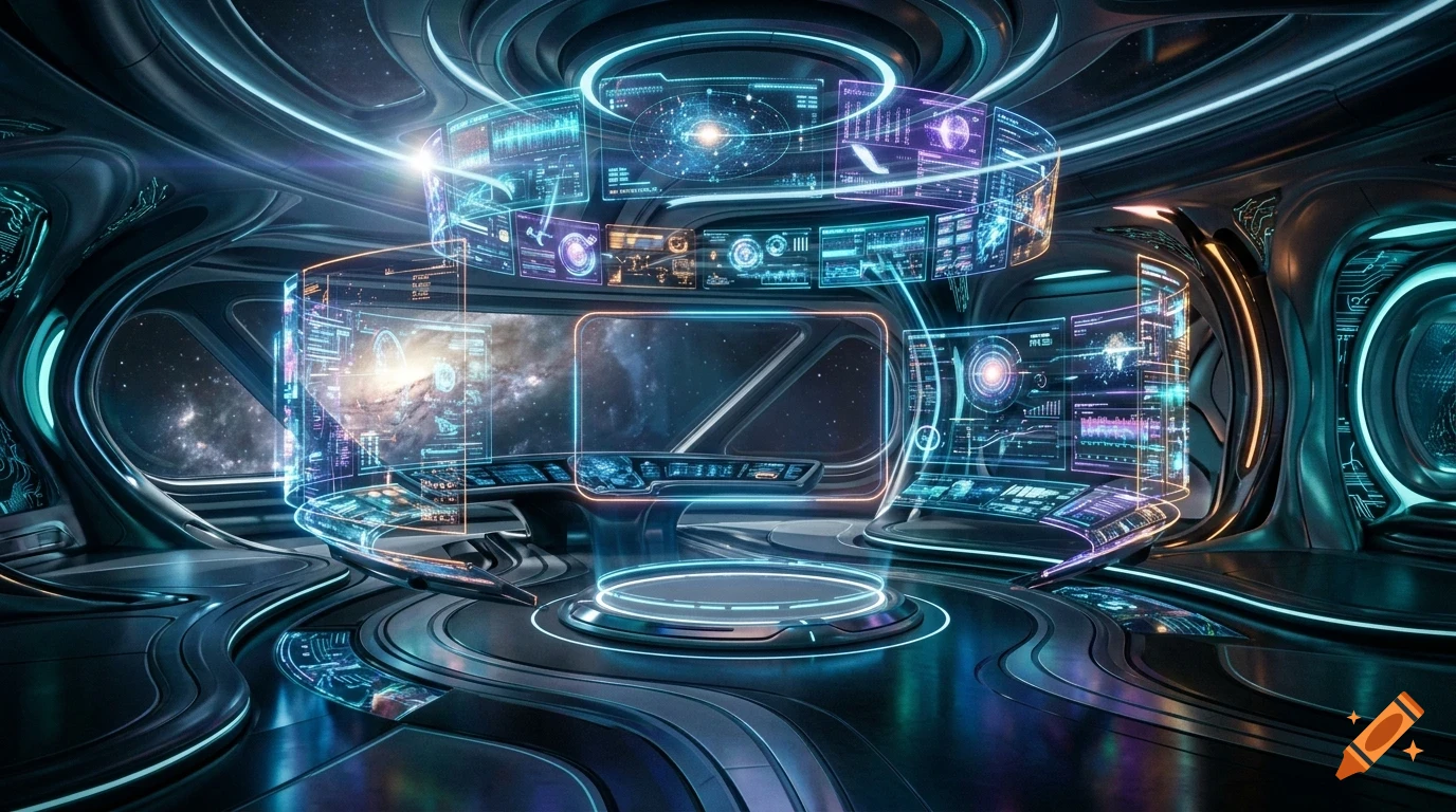 A futuristic spaceship interior with glowing holographic displays and control panels under a starry space view.