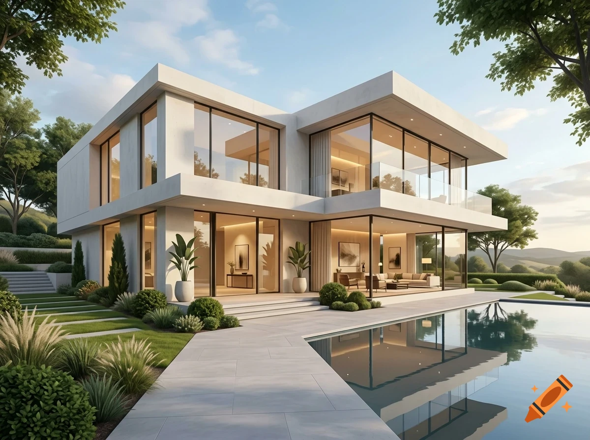 A modern luxury two-story house with large glass windows, a swimming pool in the foreground, and landscaped gardens.