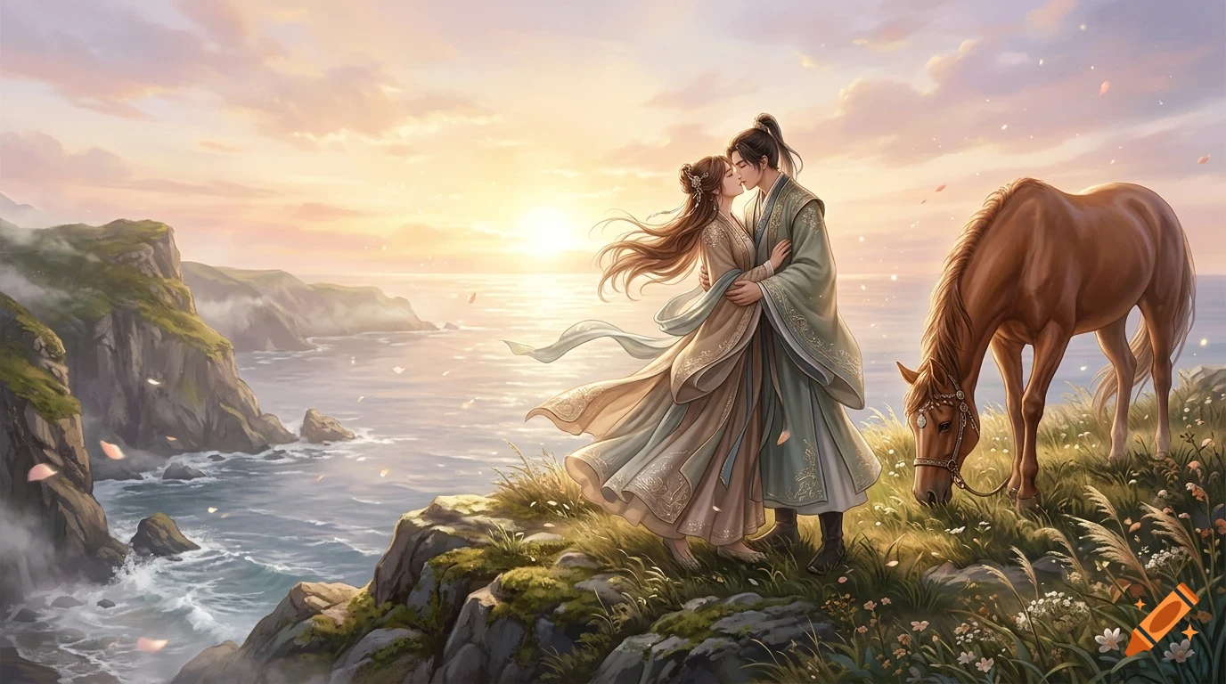 An illustrated romantic couple embracing on a grassy cliff overlooking the ocean at sunset, accompanied by a grazing horse.