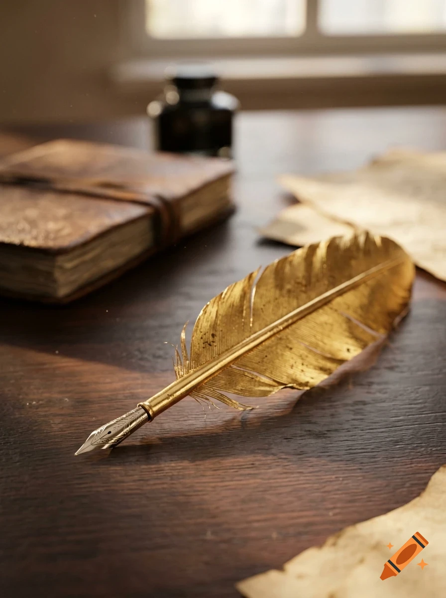 A metallic gold feather quill with a steel nib rests on a dark wooden desk, with an old book and inkwell in the background.