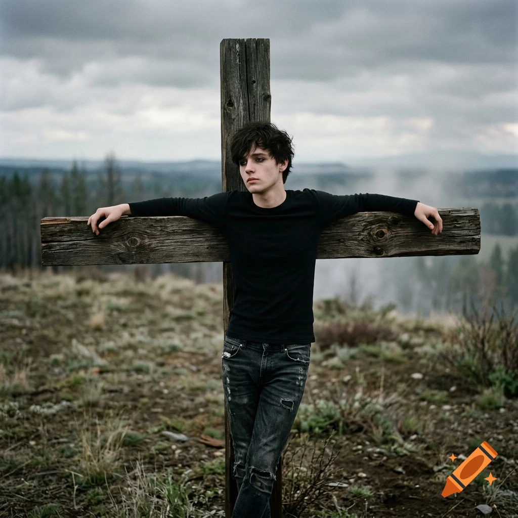 An emo male with dark hair and black clothing leaning against a wooden cross outdoors, photorealistic.
