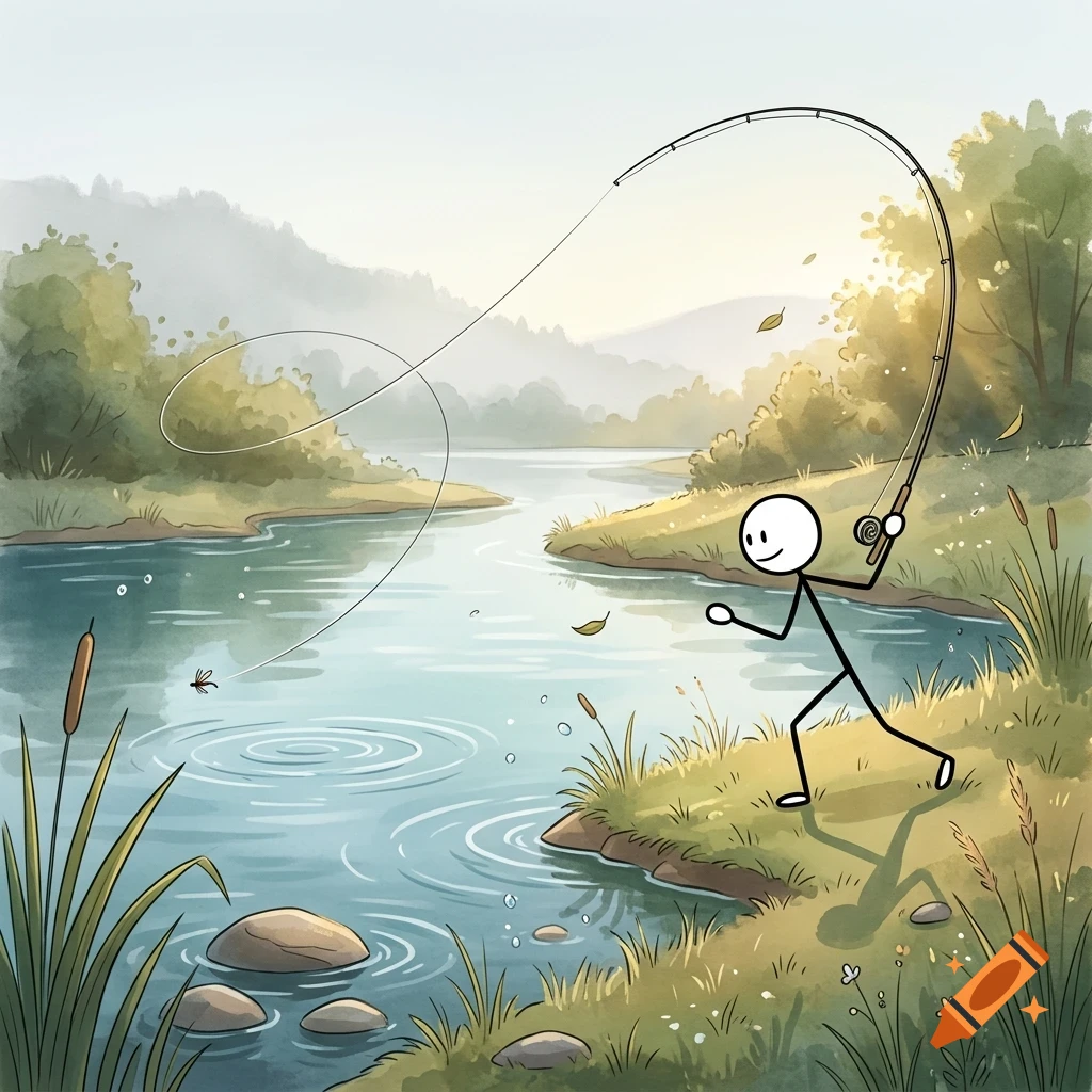 A stick figure stands by a serene river, casting a fishing line into the water.