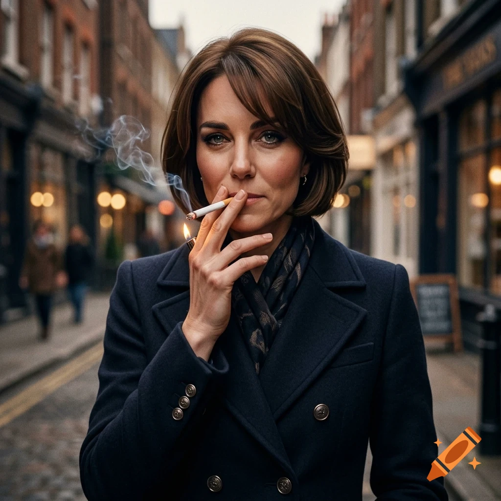 A woman with short brown hair wearing a dark coat and scarf smokes a cigarette on a city street.