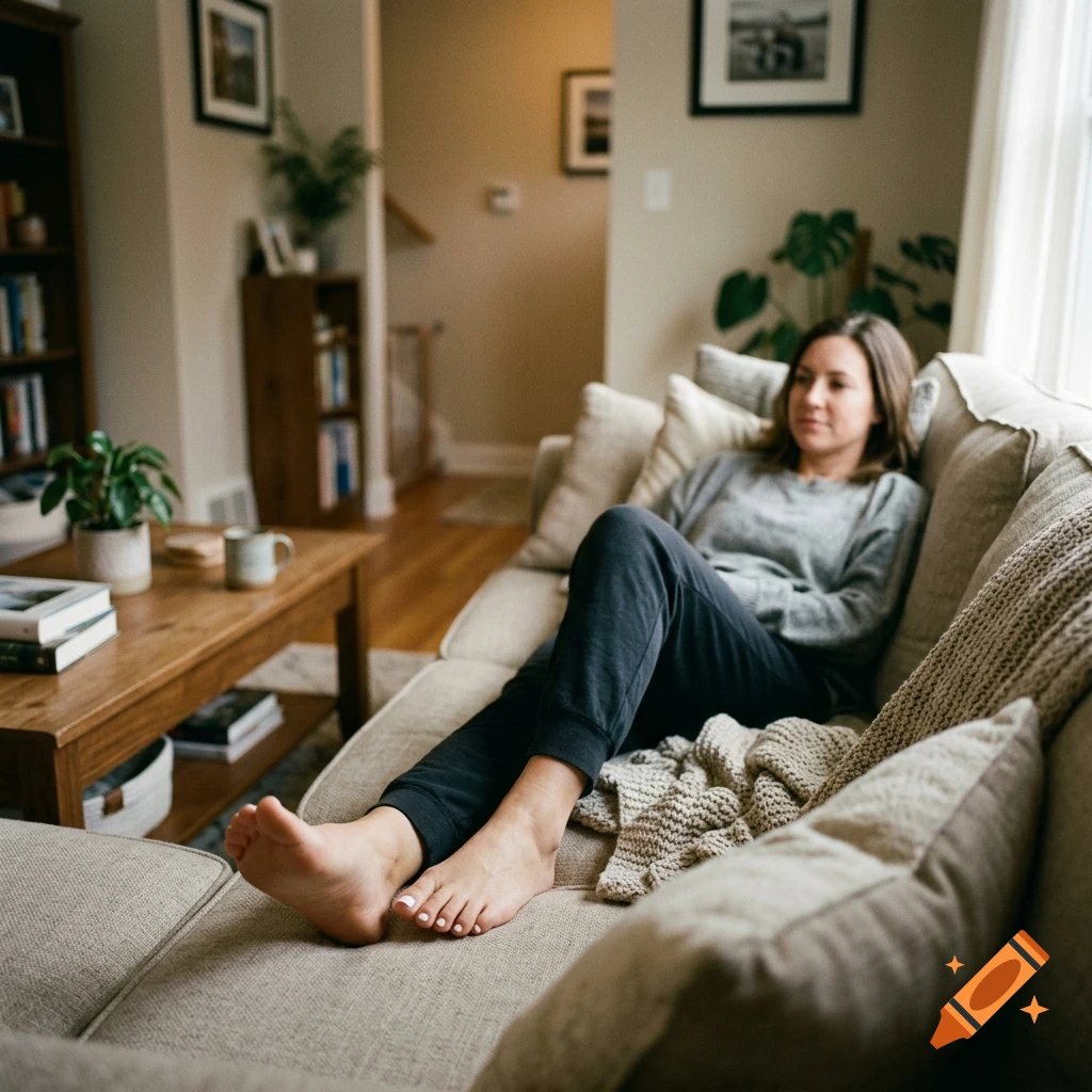 A woman relaxes on a sofa in a living room, with her bare feet propped up.