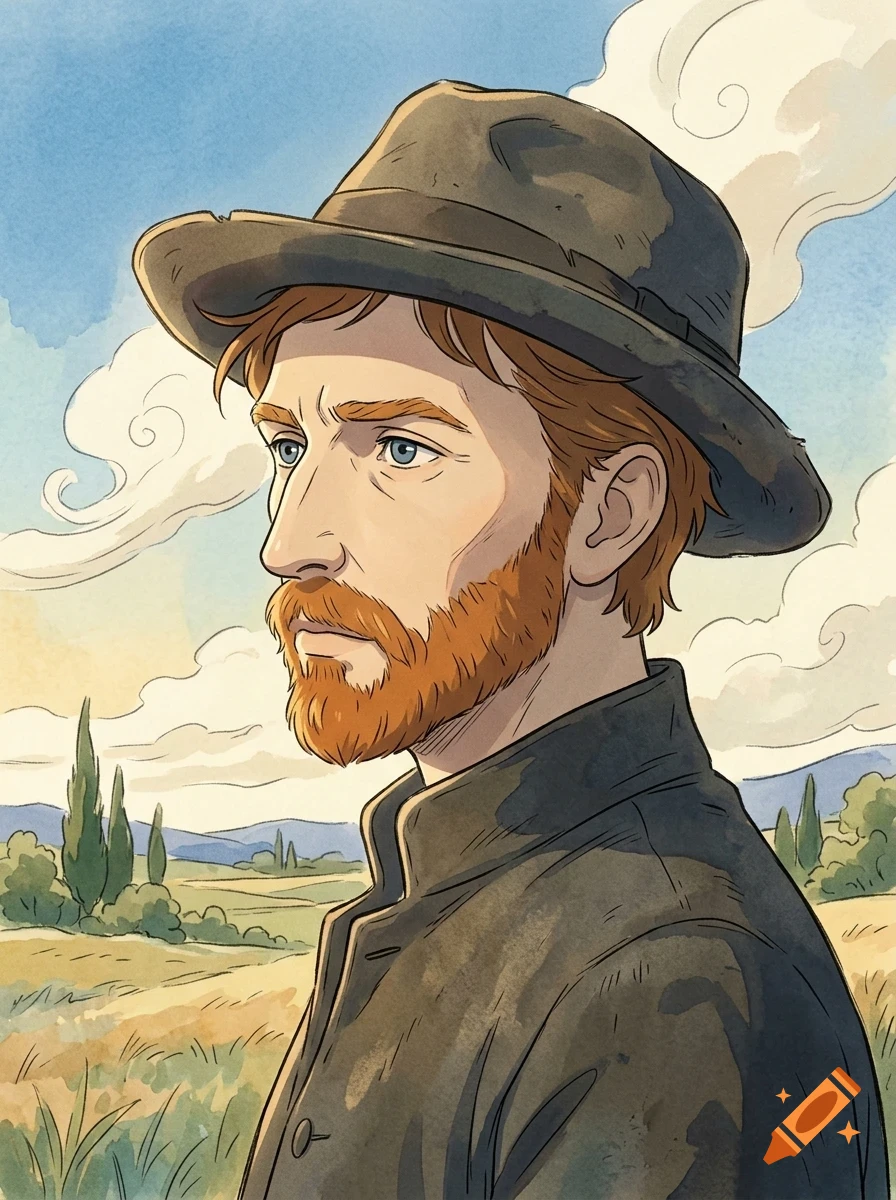 A stylized portrait of a man with red hair, a beard, and a dark hat, depicted against an outdoor landscape background.
