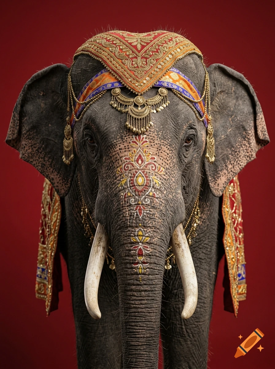 Close-up photorealistic portrait of an Indian elephant adorned with traditional colorful and golden decorative headwear against a red background.