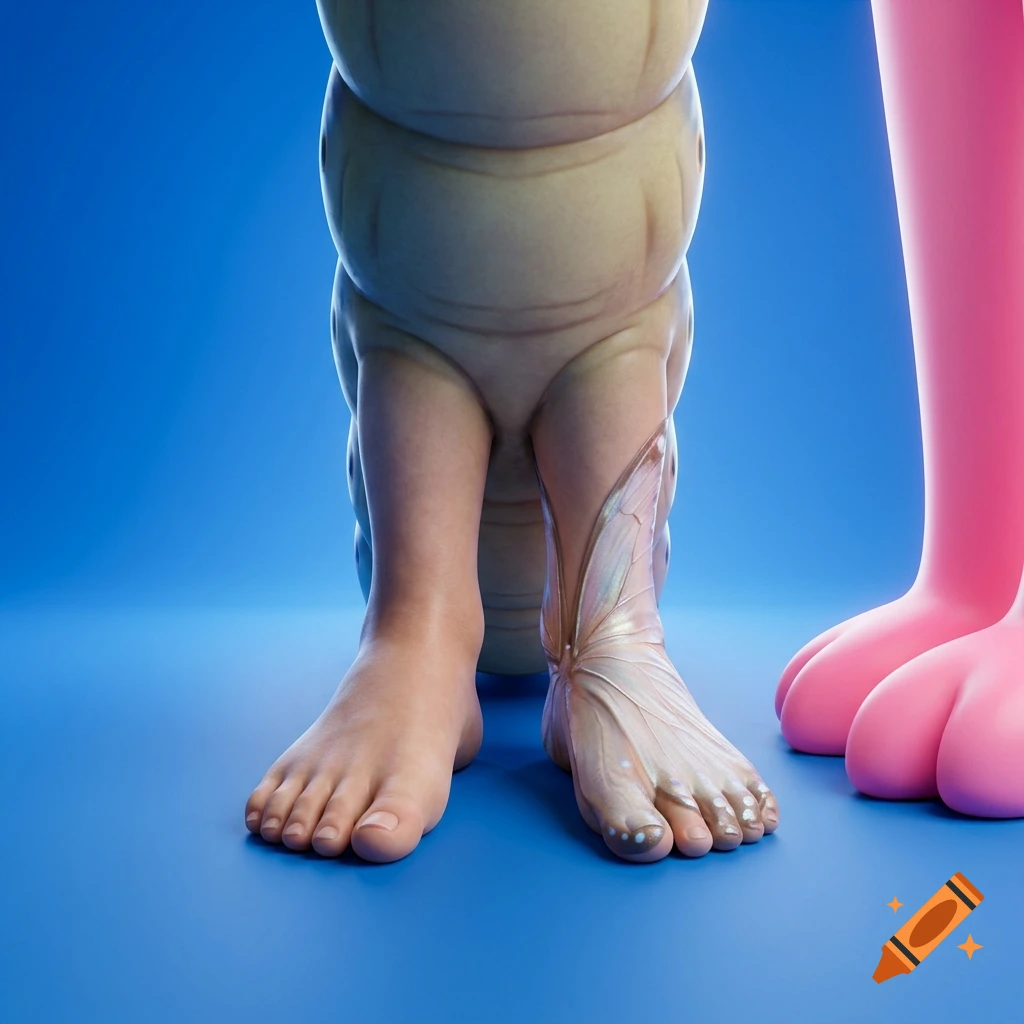 Close-up 3D render of human and butterfly feet standing on blue ground next to pink cartoon feet.