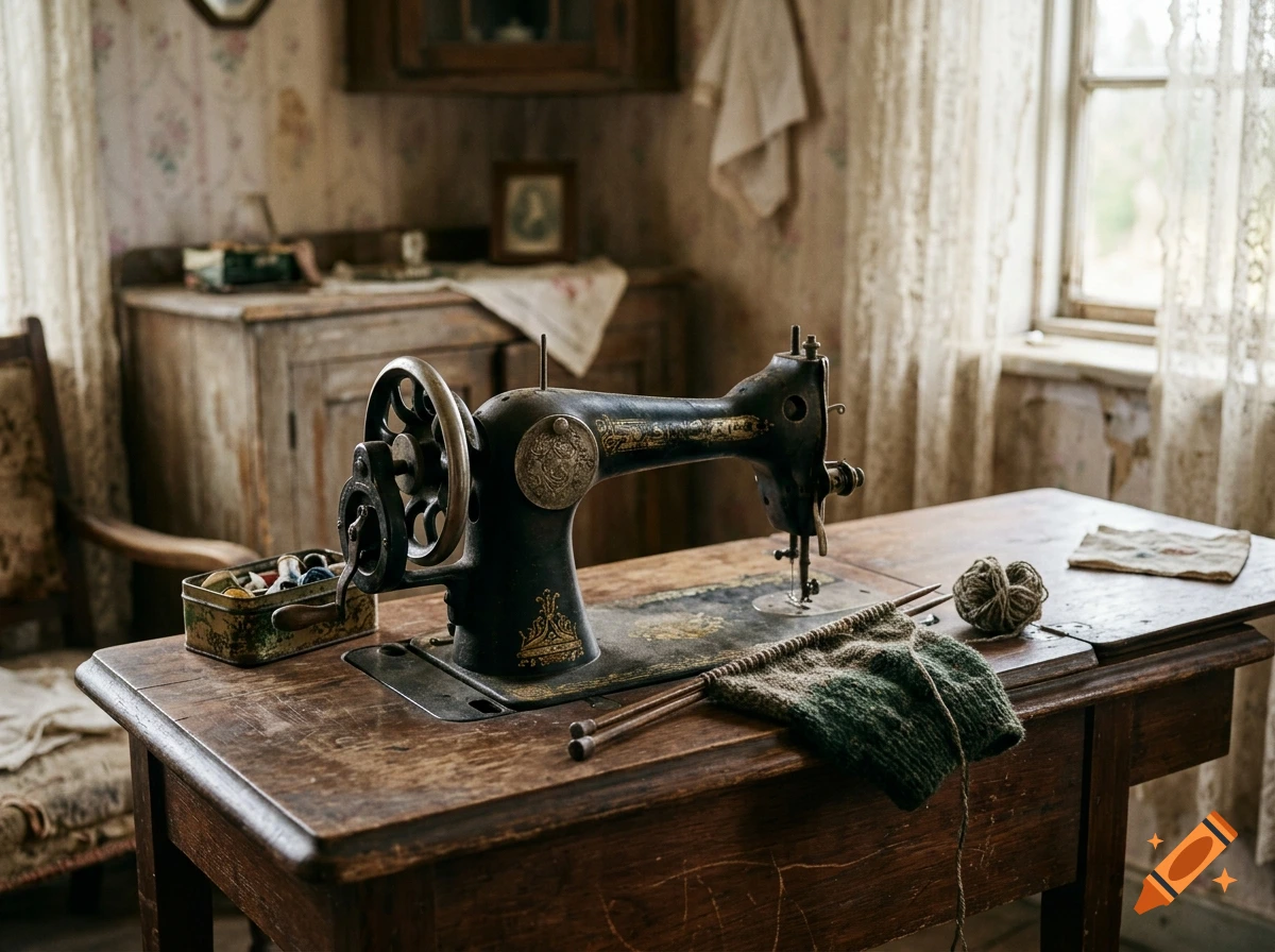 Photorealistic vintage room interior with an old black sewing machine and knitting needles on a wooden table.