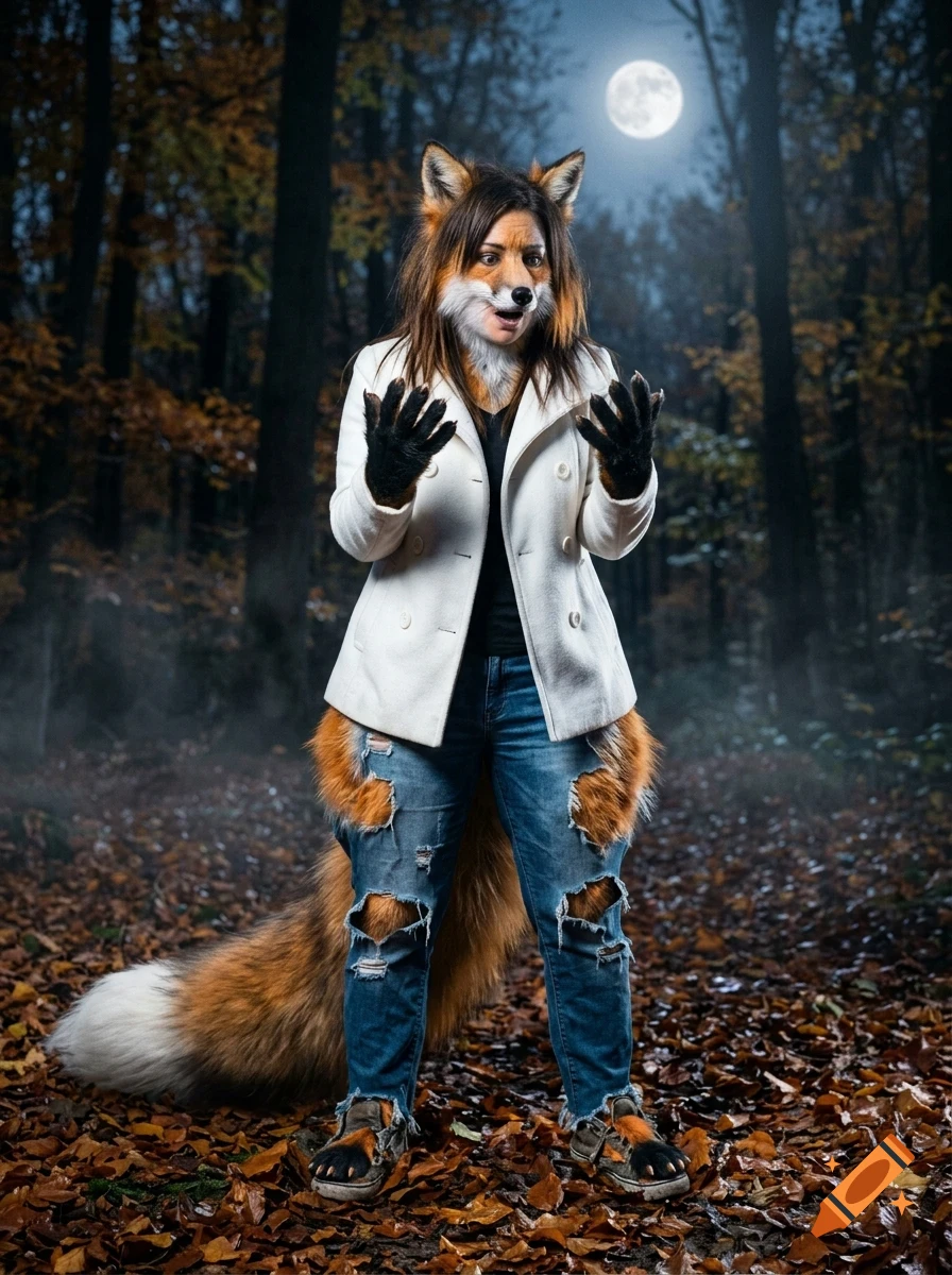 A person with fox-like features, including a bushy tail and ears, standing in a forest at night under a full moon, wearing a white coat and ripped jeans.