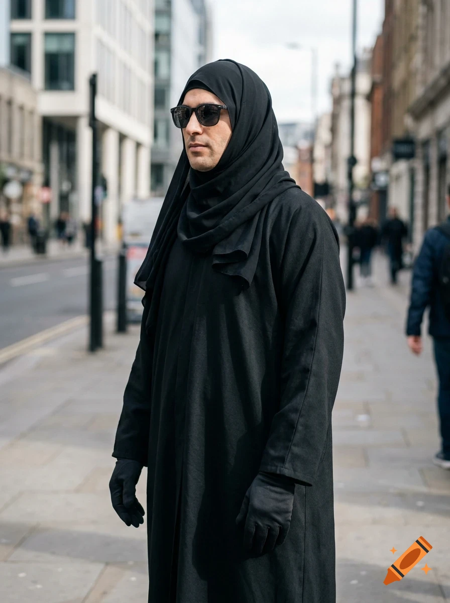 A man wearing a black hijab, black sunglasses, a black robe, and black gloves stands on a city sidewalk.