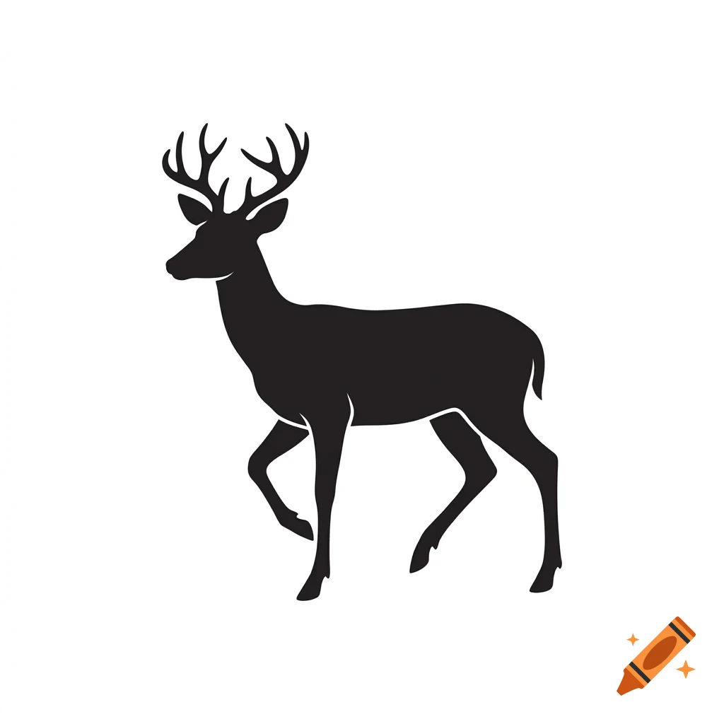 Black silhouette of a deer with antlers standing against a plain white background