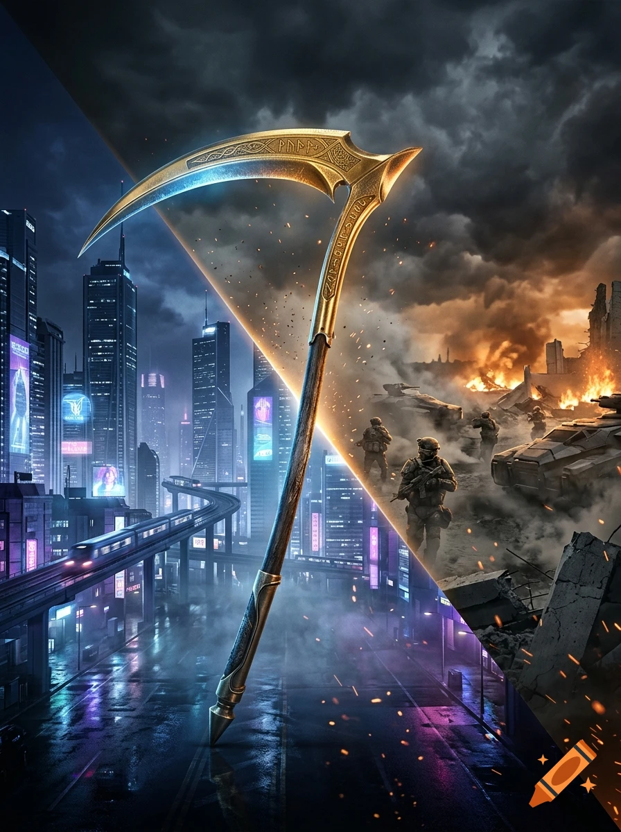 A diagonal split book cover featuring a futuristic city on the left and a war-torn battlefield on the right, divided by a glowing golden scythe in the center.
