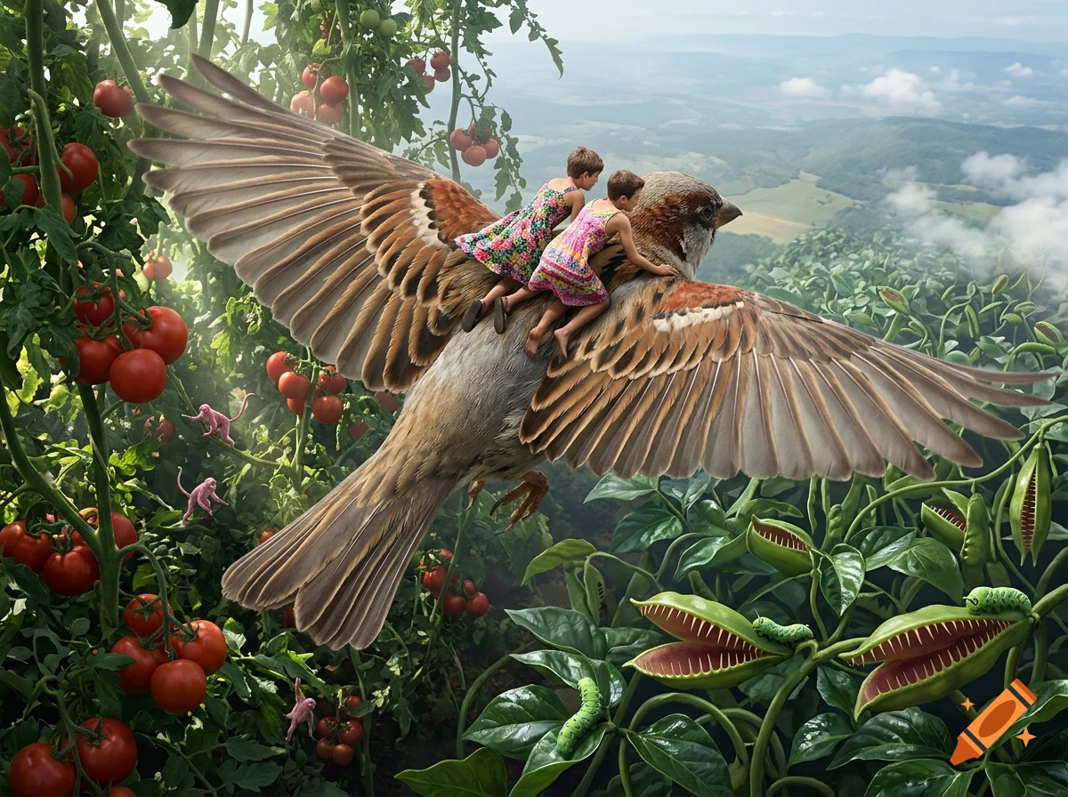 Photorealistic image of two small boys in summer dresses riding on the back of a large sparrow over a tomato forest and carnivorous plants.