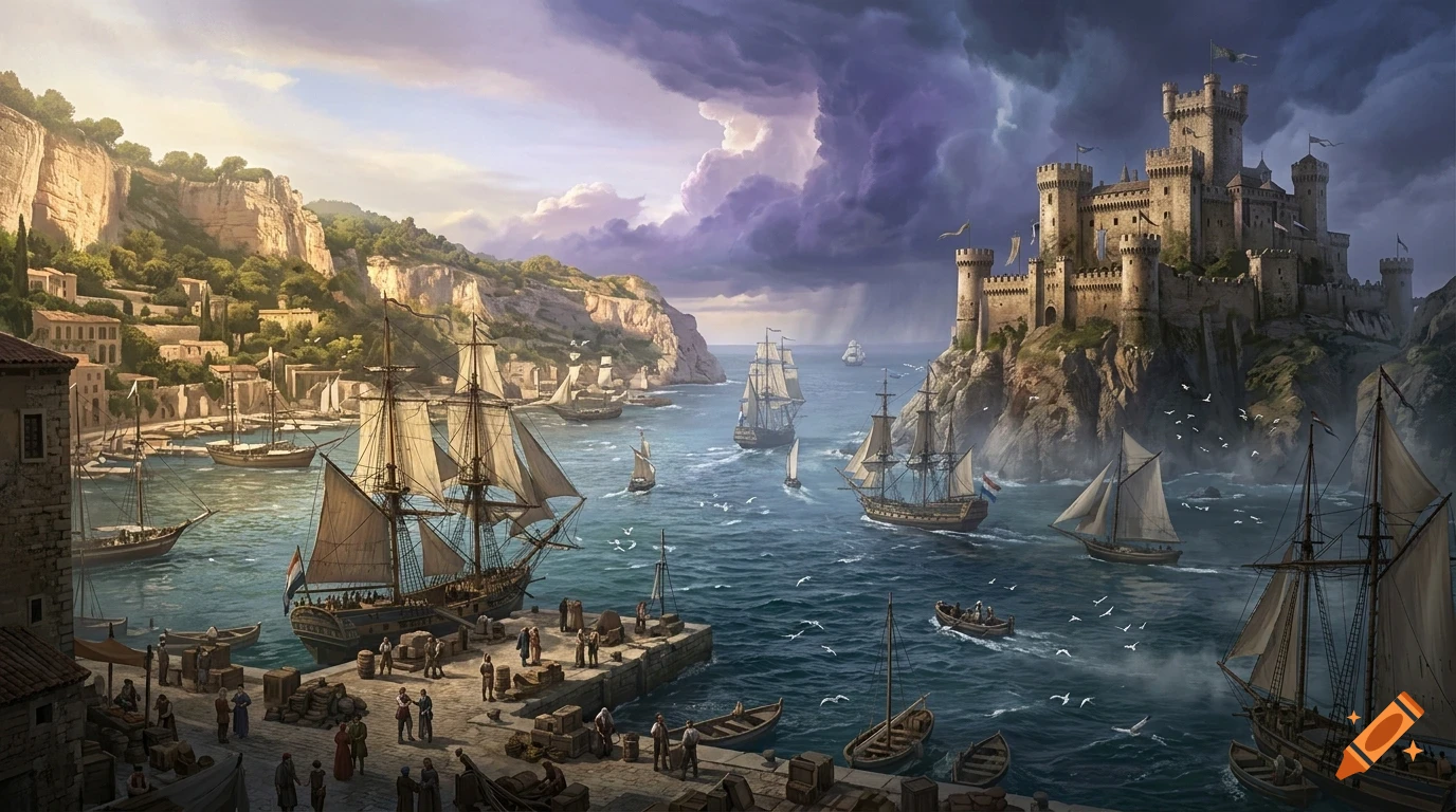 A busy coastal harbor with sailing ships docked near a pier, a large castle perched on a rocky cliff, and stormy skies overhead.
