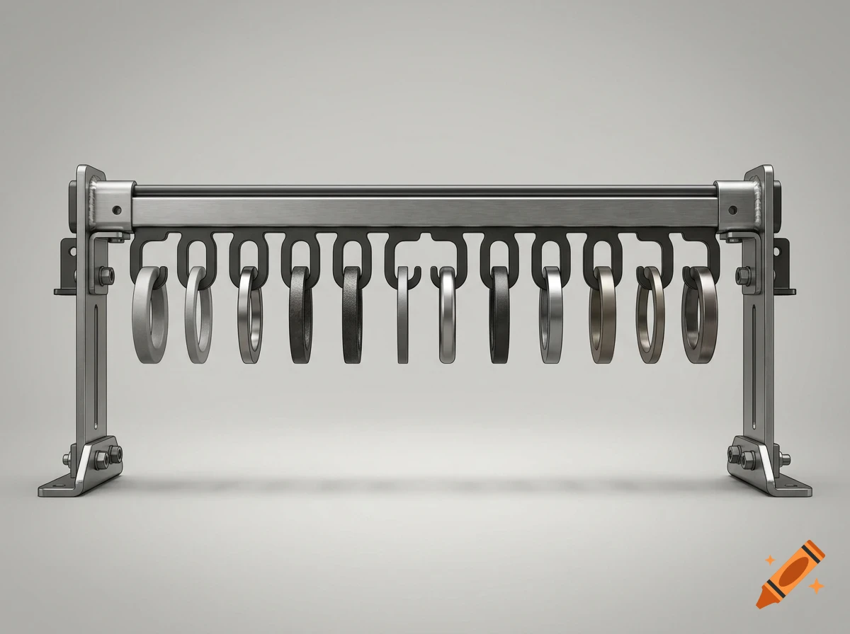 A metal fitness rack holding hanging weight rings in a studio setting