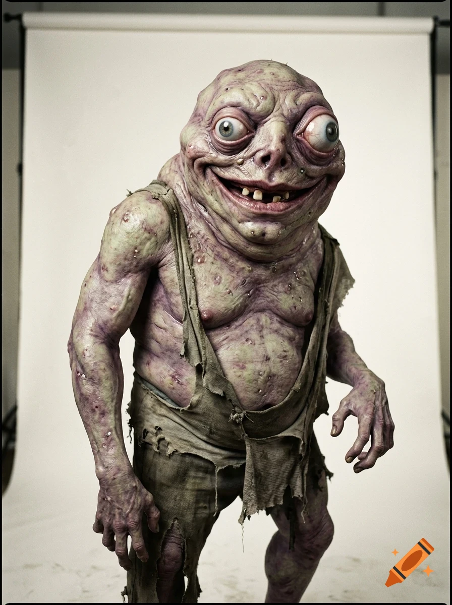 A full shot of a grotesque, humanoid creature with warty green and purple skin, bulging eyes, and a wide smile, wearing tattered overalls against a white background.