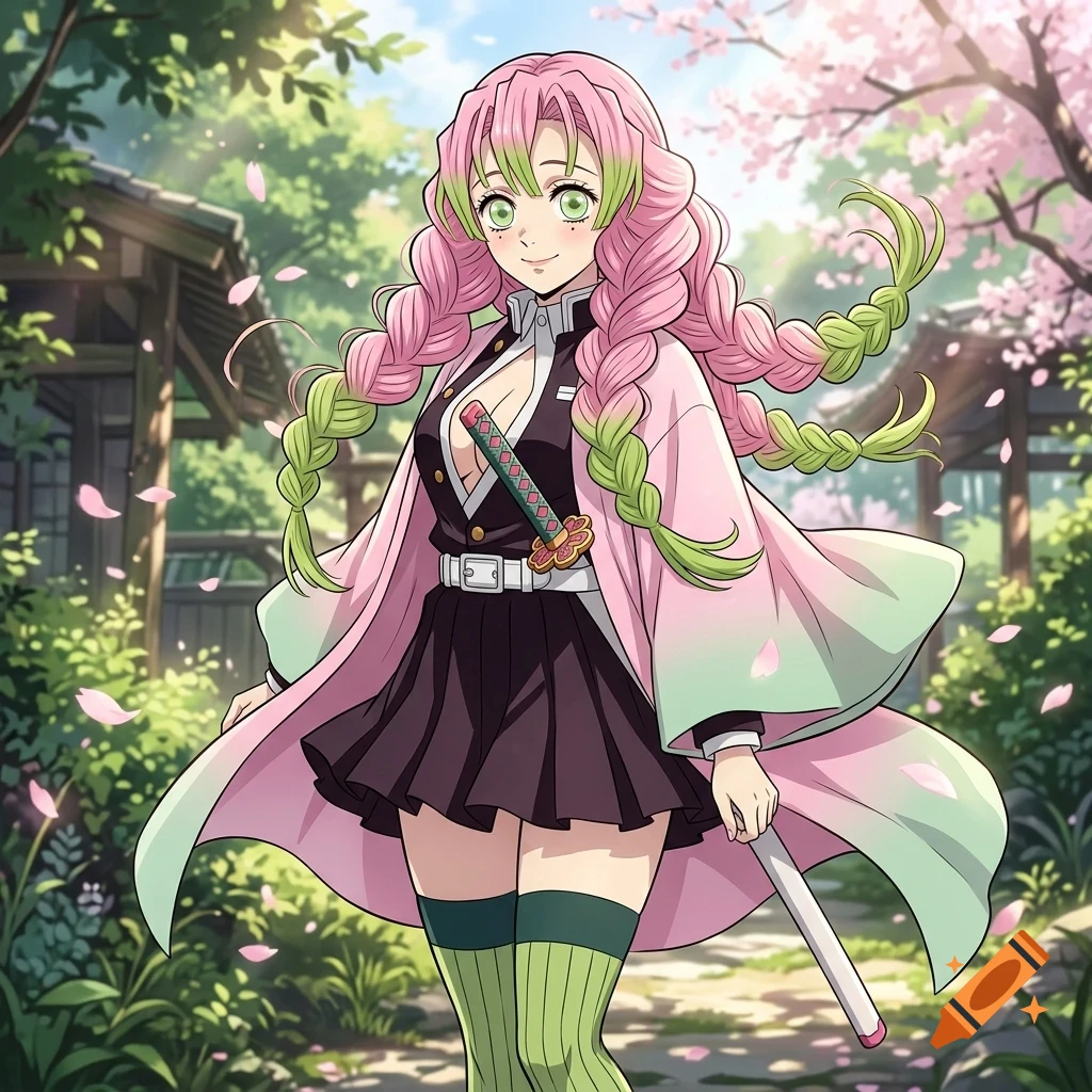 An anime-style illustration of a smiling woman with long braided pink and green hair, wearing a pink haori and holding a sword outdoors amidst cherry blossoms.