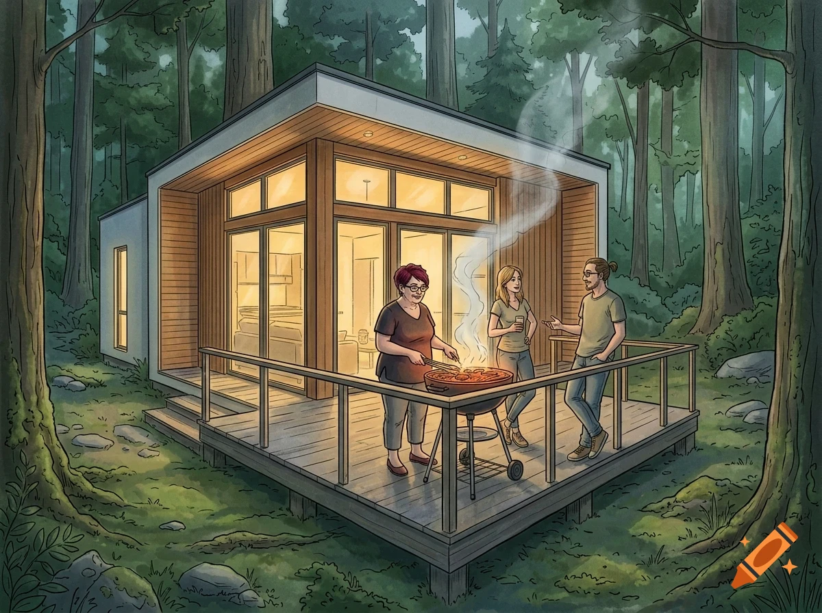 Three people having a barbecue on the wooden deck of a modern cabin nestled in a dense forest.