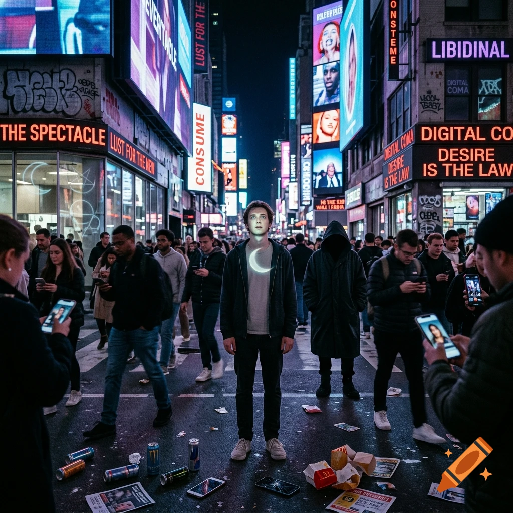 A photorealistic nighttime city street filled with pedestrians looking at their glowing phones, surrounding a central figure with a glowing crescent moon on their chest.