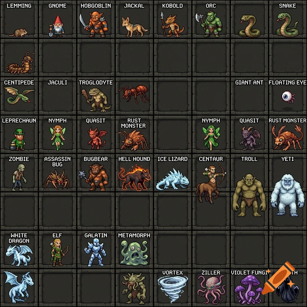 A pixel art game asset sheet displaying a grid of various fantasy creatures, monsters, and animals with their corresponding labels.