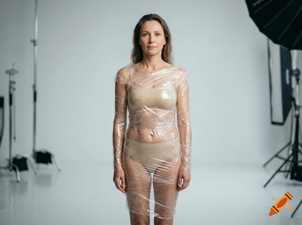 Photorealistic studio portrait of a woman wrapped in clear plastic wrap wearing nude-colored undergarments.