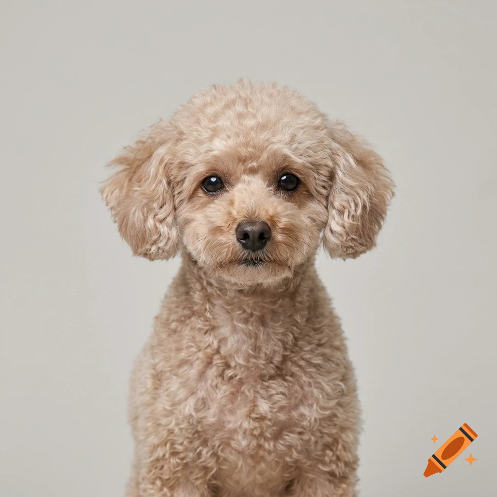 Portrait of a light brown poodle with curly fur against a neutral background.