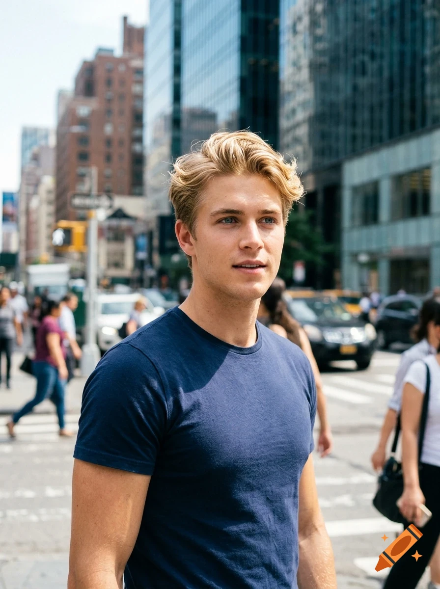 A young blond man standing on a busy city street in front of tall buildings and cars.